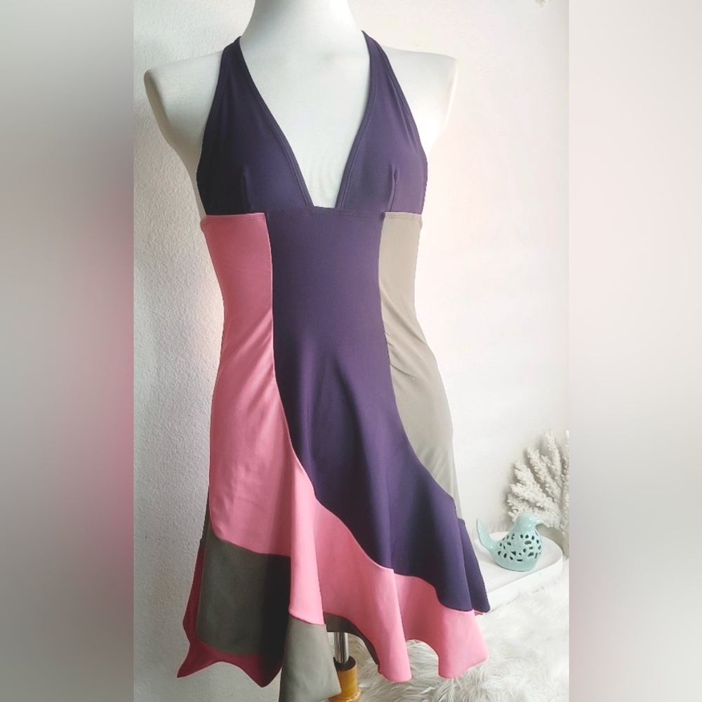 Vix Paula Hermanny Sleeveless Halter Neck Swirl Colors Cover Up Mini Dress. TB4